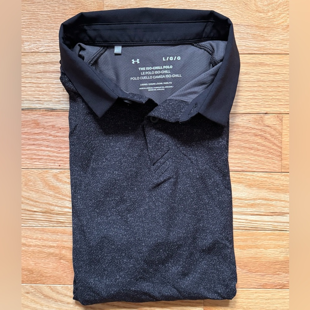 NWOT Under Armour Men’s Iso-Chill Heather Black Polo, Loose Fit Size L